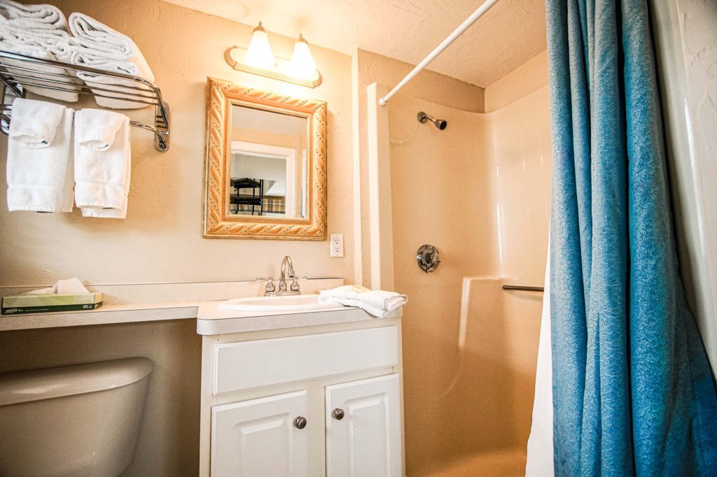 Bathroom with shower curtain, Mirror, and towels.